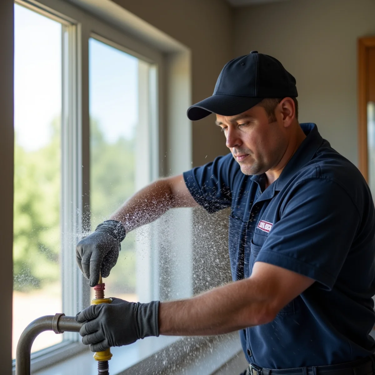 Burst water pipe spraying inside a Highlands Ranch area home