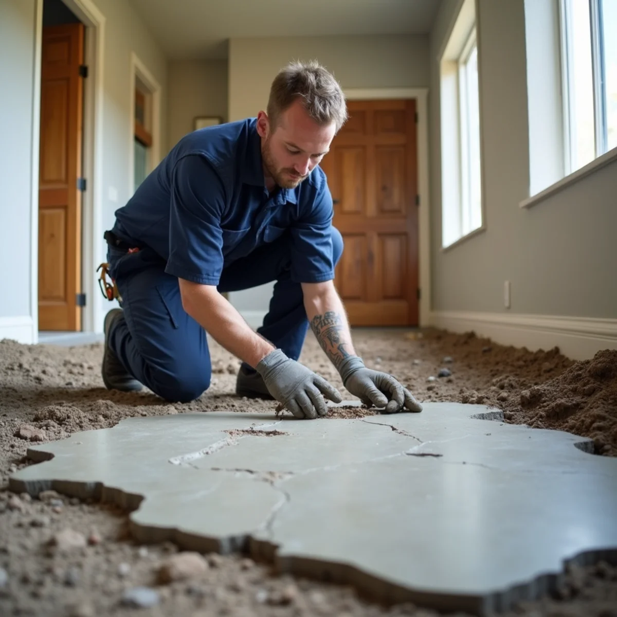 Cracked concrete slab from expansive clay soil in a Lone Tree, CO home