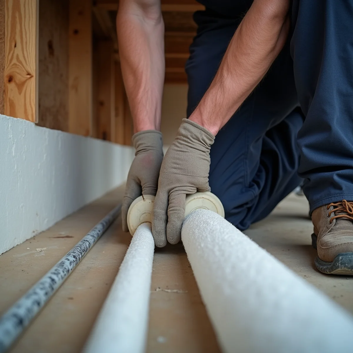 Foam pipe insulation being added to exposed pipes in a Colorado crawlspace
