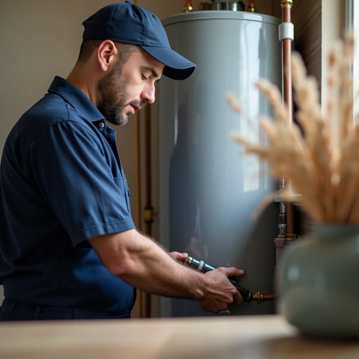 A plumber flushing sediment from a water heater before winter in Littleton, CO