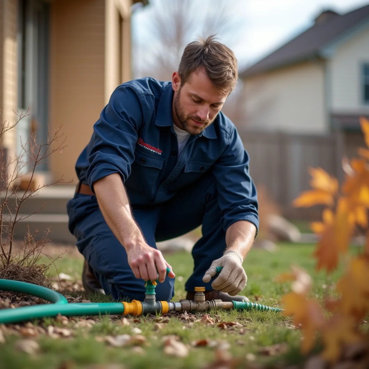 Homeowner disconnecting a garden hose to winterize plumbing in Castle Rock, CO