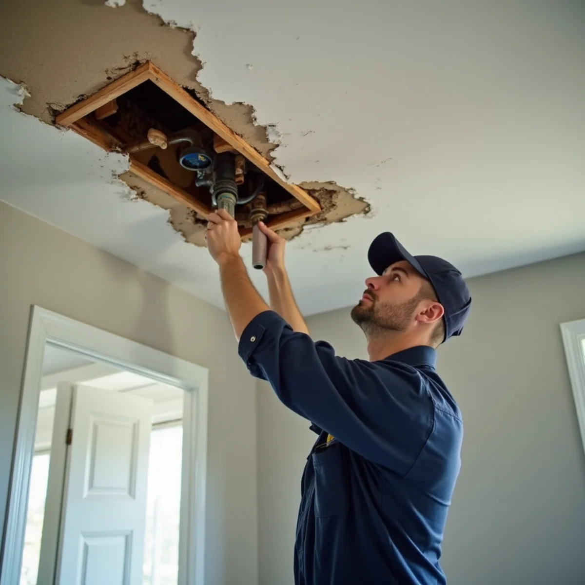Water-damaged ceiling being assessed in a Lakewood, CO home