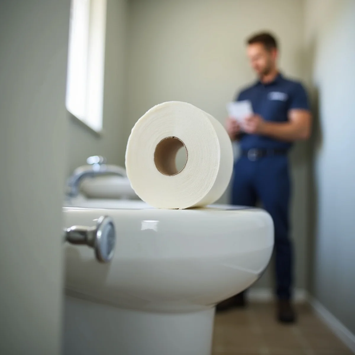 A modest amount of toilet paper on a holder in a Littleton home bathroom