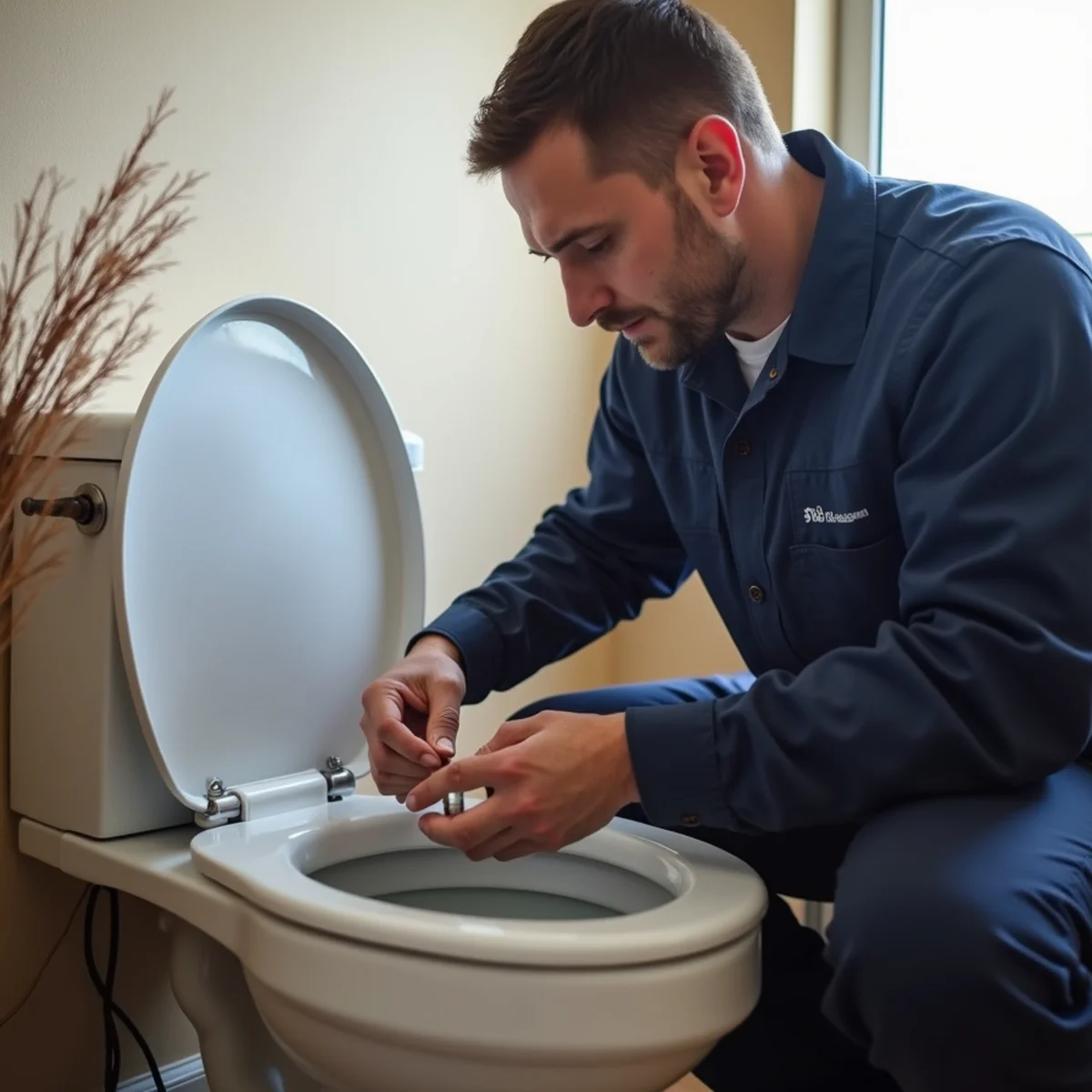 A plumber diagnosing a slow-flushing toilet in a Littleton, CO home