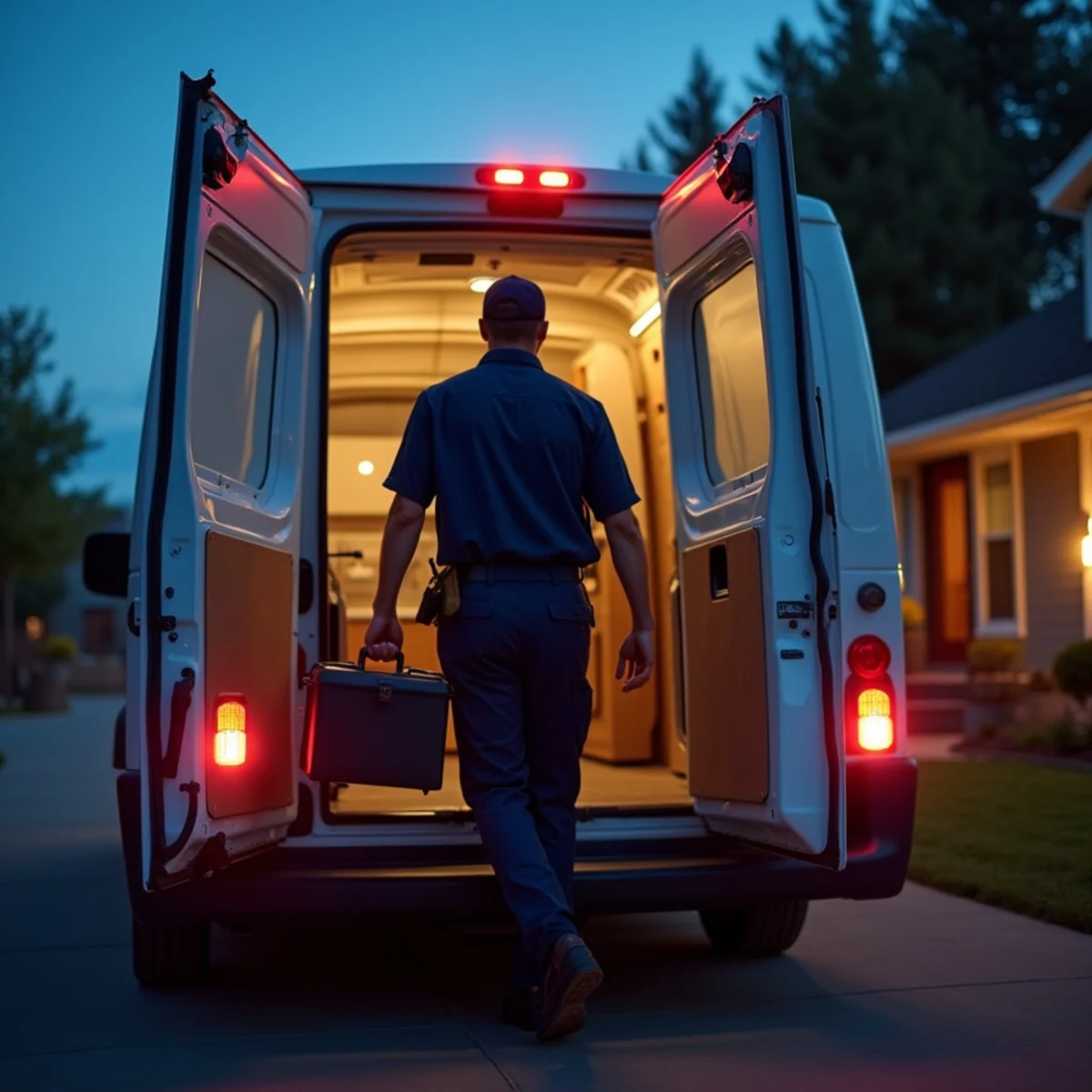 Emergency plumber arriving at a Littleton, CO home at night