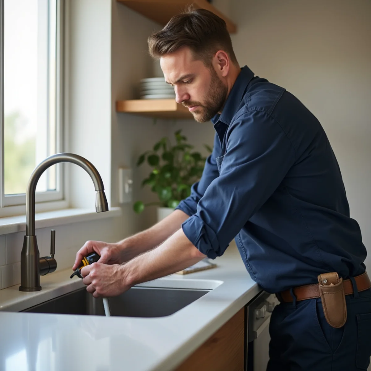 Plumber installing a new kitchen faucet in a Littleton, CO home