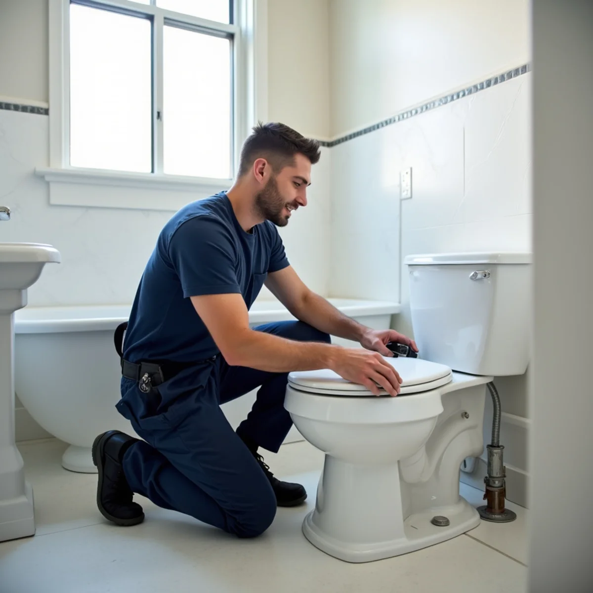 Licensed plumber installing a new toilet in a Littleton, CO bathroom