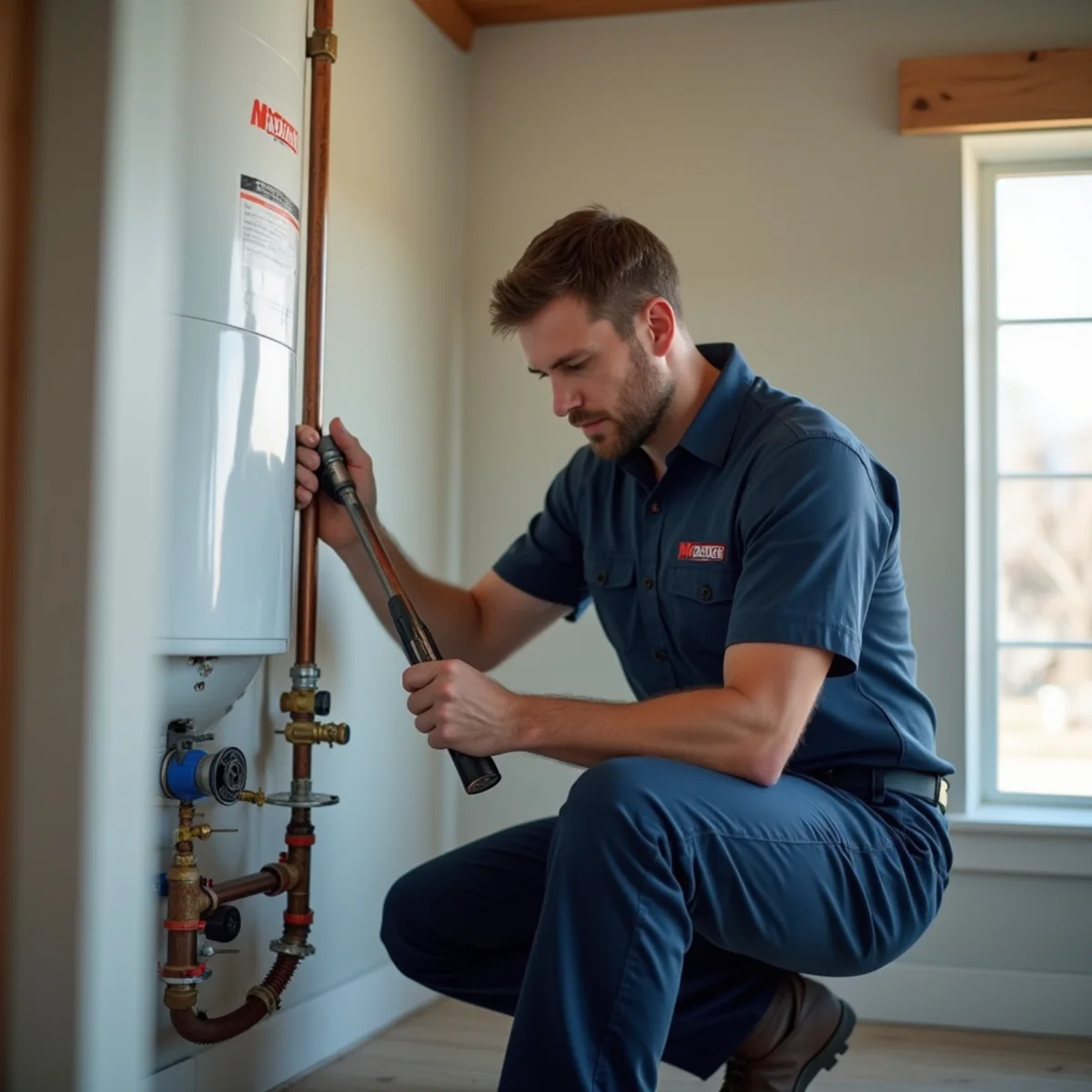 Plumber servicing a tank water heater in a Littleton, CO basement